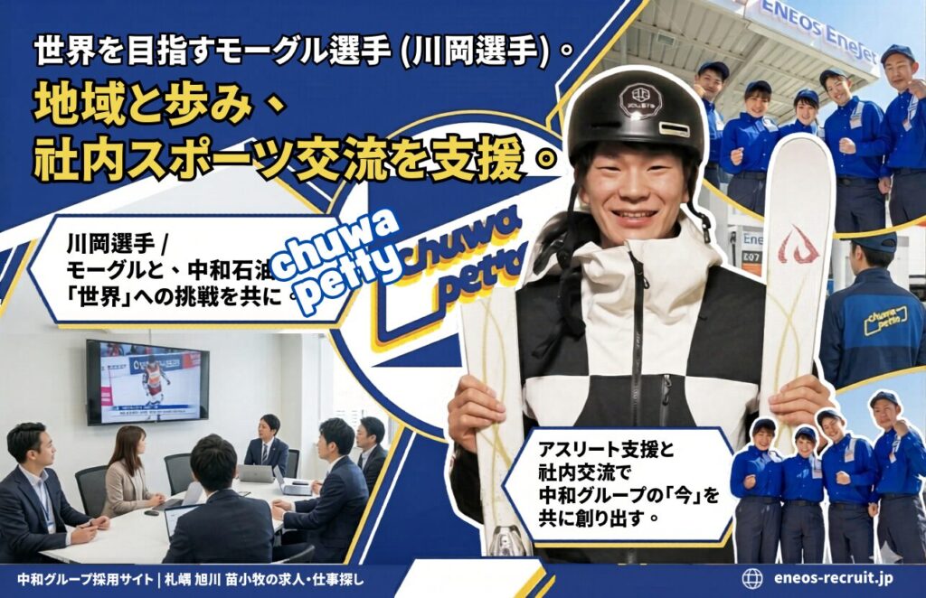 「中和石油の札幌・旭川・苫小牧における求人募集用アイキャッチ画像。 画像は青を基調としたダイナミックなデザイン。左上には大きな文字で『世界を目指すモーグル選手（川岡洗車）。地域と歩み、社内スポーツ交流を支援。』というメインの見出し。見出しの下には『川岡洗車／モーグル選手と、中和石油。「世界」への挑戦を共に。』という紹介文がある。 画像中央には、笑顔でスキー板を持ち、ヘルメット（『北海道の恵み』ステッカー付き）を着用したモーグル選手（川岡洗車）が立っている。