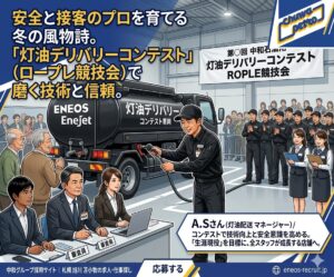 「灯油デリバリーコンテスト」で磨く技術と信頼。』というメインの見出し。見出しの下には『A.Sさん（灯油配送 マネージャー）／コンテストで技術向上と安全意識を高める。』という紹介文がある。 画像右側には、笑顔でカメラを見つめる男性社員（A.Sさん）が立っている。彼は『EneJet』とロゴが入った青いユニフォームを着用し、名札には『灯油配送 A.Sさん』と書かれている。彼は『デリバリーコンテストで磨く安全と接客！ 未経験から成長中！』と書かれたアクリル板を掲げている。